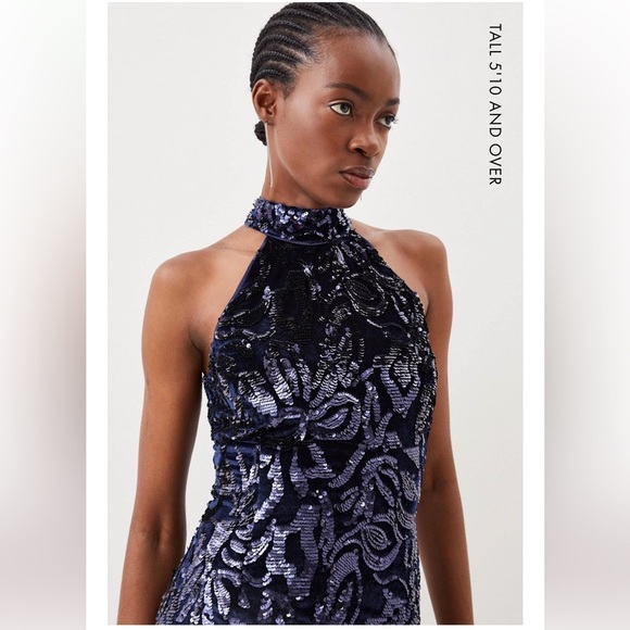 Karen Millen Tall Velvet Sequined Halter Woven Mini Dress - Picture 2 of 6